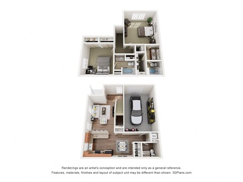 Two images of a house layout with a kitchen, living room, and bedrooms.